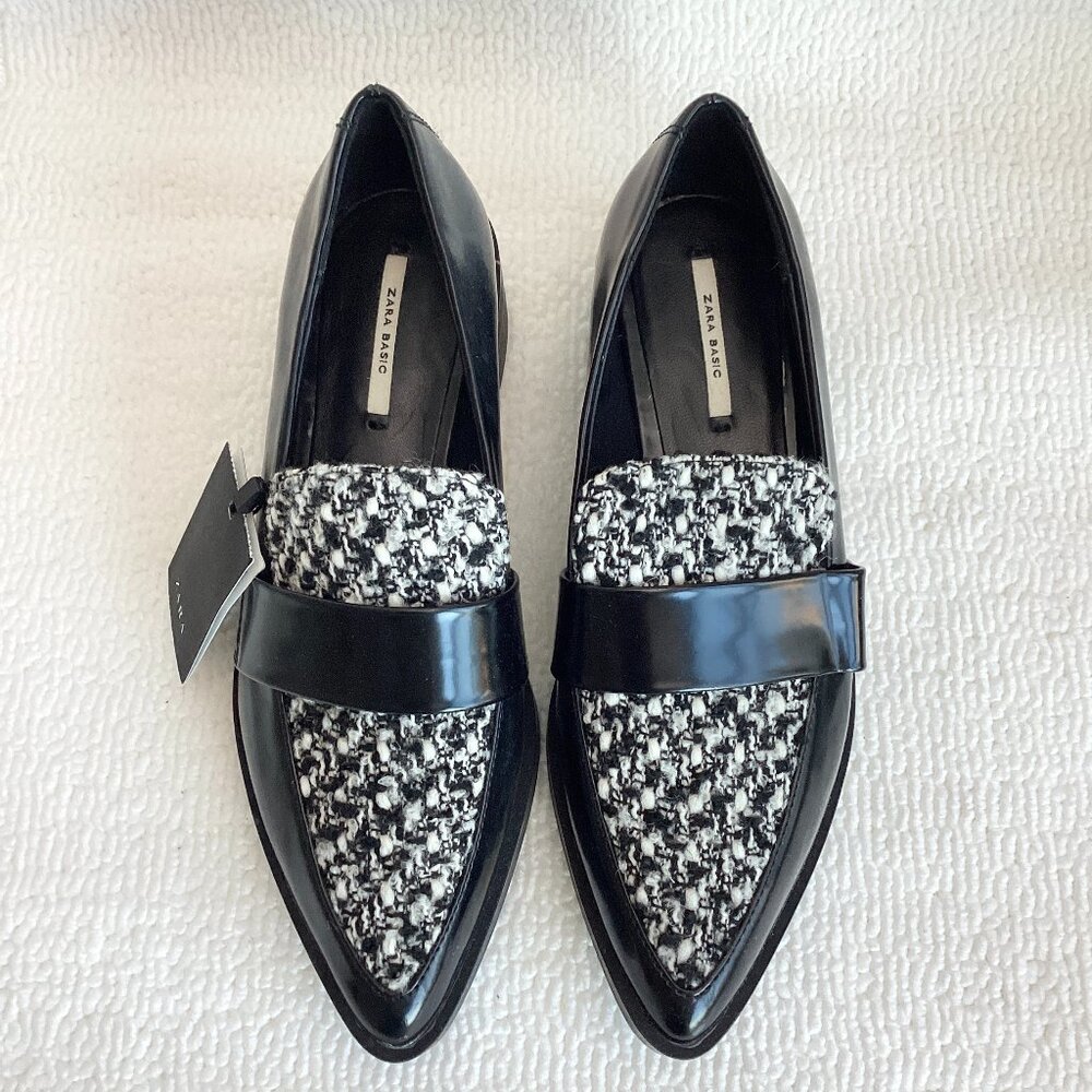 New Zara black and white combined fabric loafers Size 6